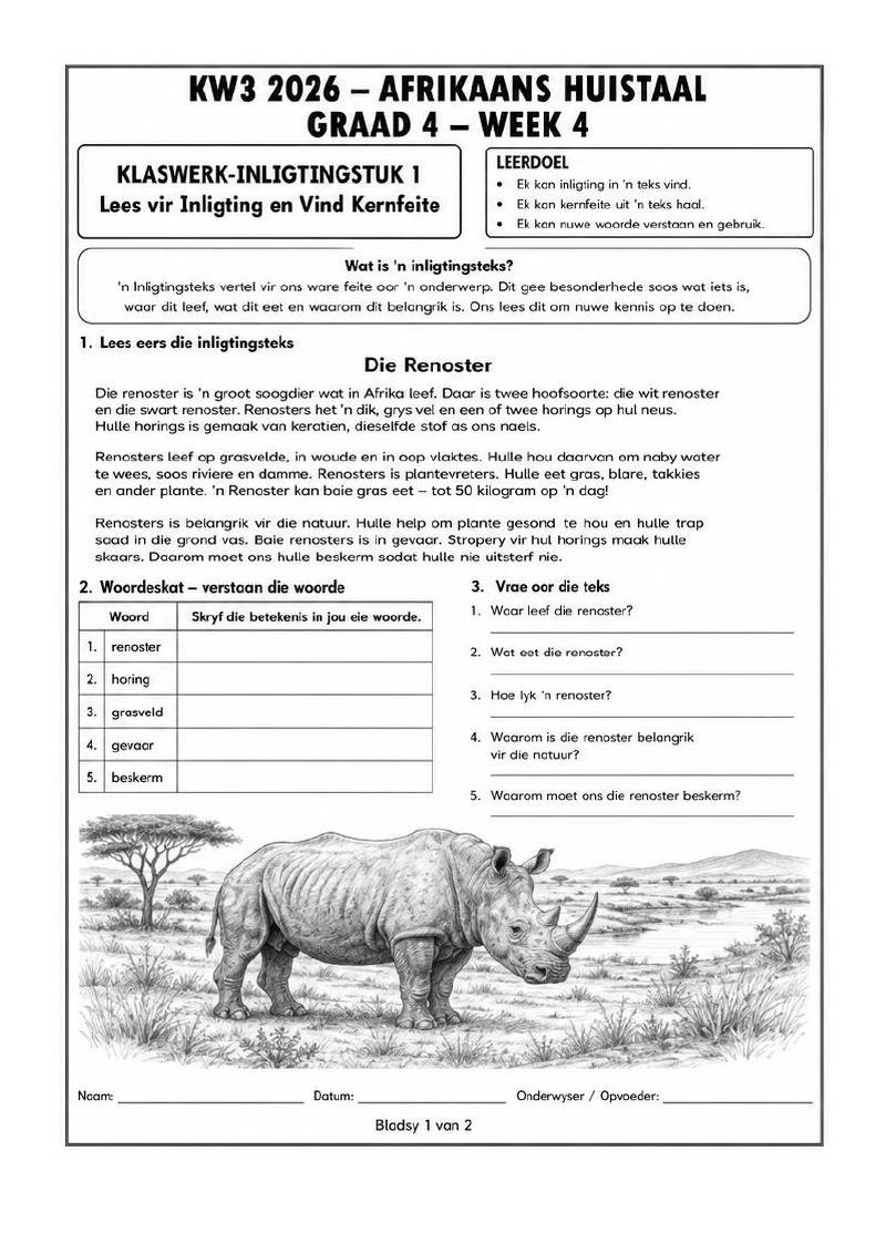 Voorbeeldbladsy: Afrikaans Huistaal, Graad 4, Lees & Skryf